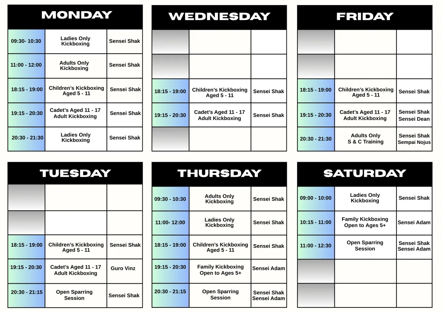 Northants Kickboxing Timetable Children