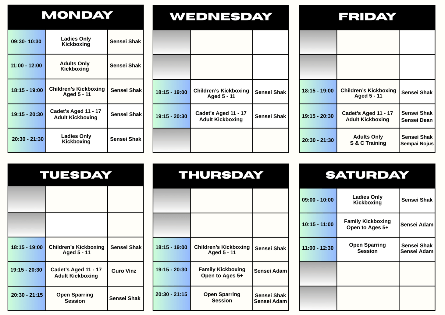 Northants Kickboxing Timetable Children