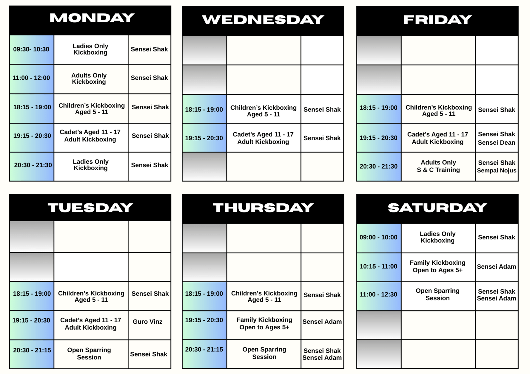Martial Arts Timetable Kickboxing karate 