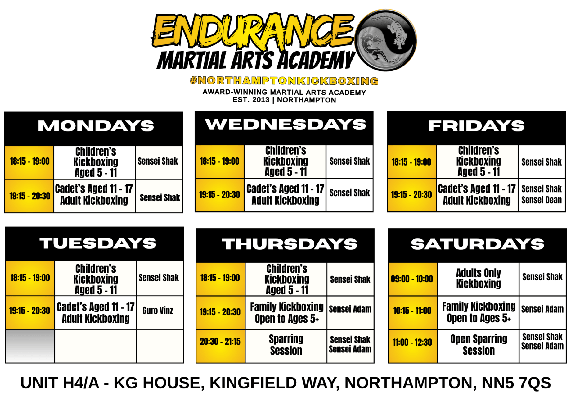 Northampton Martial arts Timetable