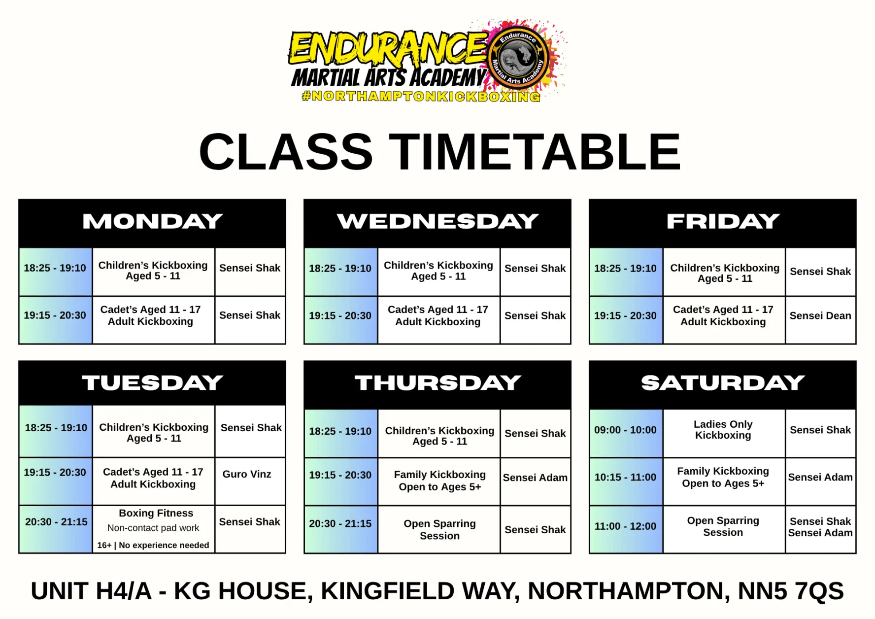 Martial Arts Timetable Kickboxing karate 