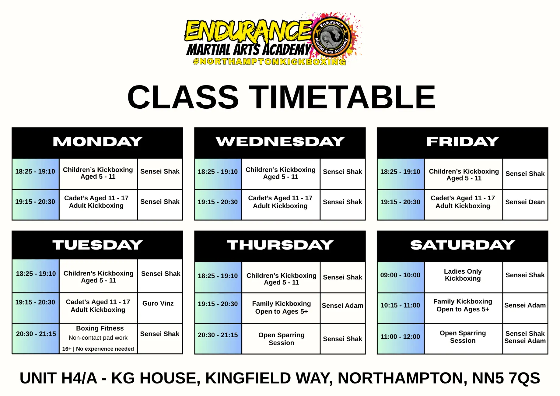 Northampton Martial arts Timetable